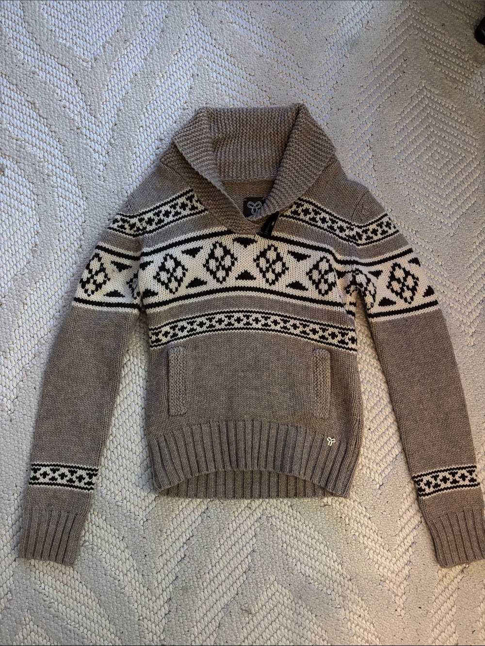 Aritzia Women’s Shawl Collar Fair Isle Sweater - Taupe and Cream